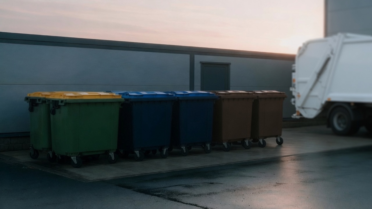 Green, blue and brown commercial bins lined up against an industrial wall.
