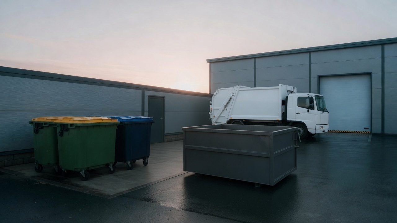 An empty steel skip in an industrial yard, with commercial bins and a collection vehicle behind it.