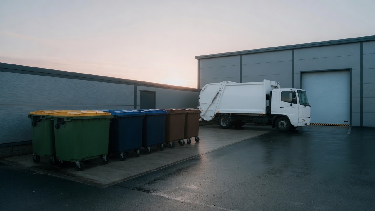 A refuse collection vehicle parked beside colour-coded commercial bins at an industrial unit.